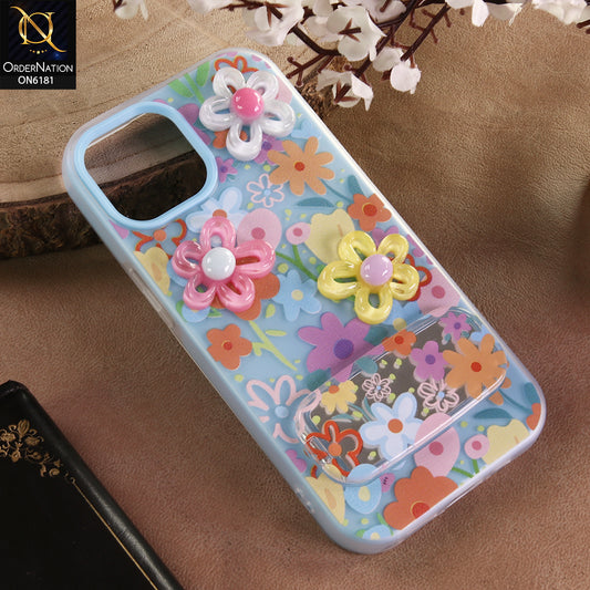iPhone 15 Cover - Blue - 3D Daisy & Blossom Shockproof Case with Mirror
