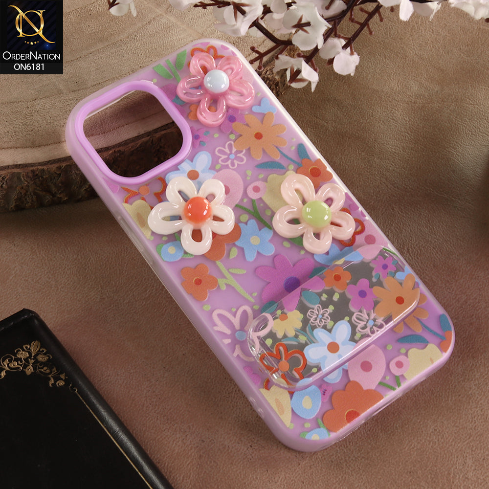 iPhone 15 Cover - Purple - 3D Daisy & Blossom Shockproof Case with Mirror
