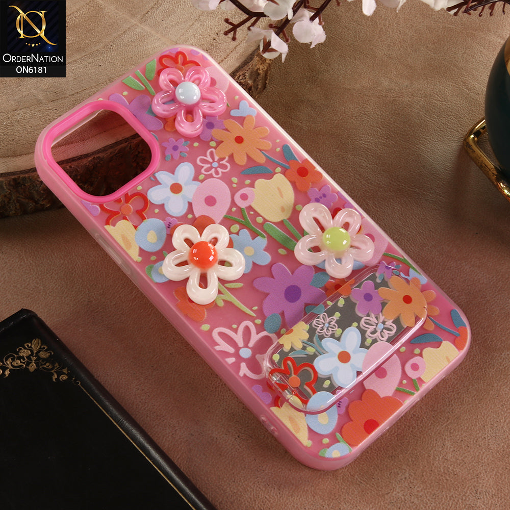 iPhone 15 Plus Cover - Pink - 3D Daisy & Blossom Shockproof Case with Mirror