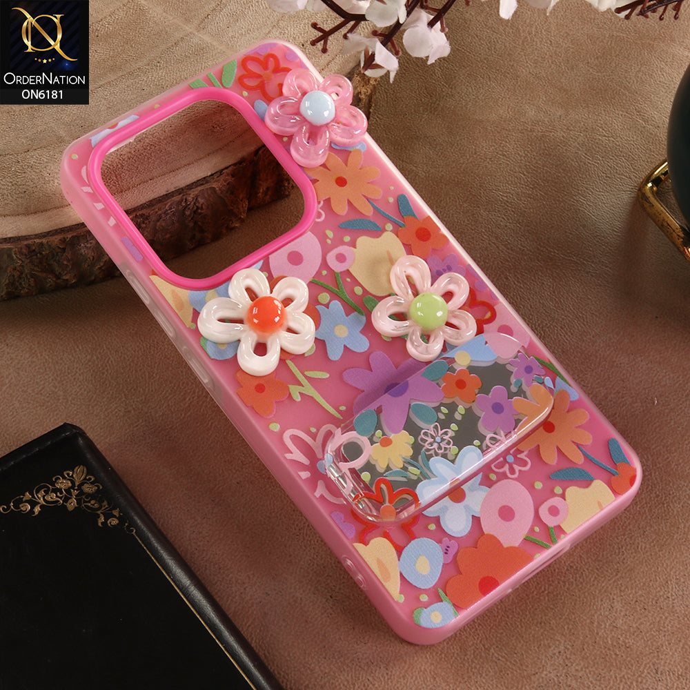 Xiaomi Redmi Note 14 4G Cover - Pink - 3D Daisy & Blossom Shockproof Case with Mirror