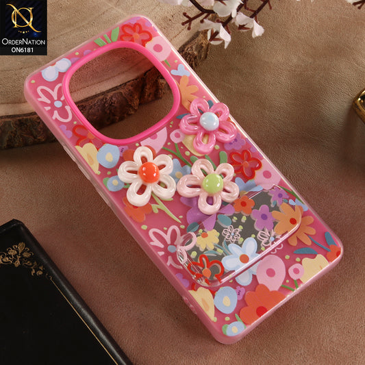 Xiaomi Redmi Note 14 Pro 4G Cover - Pink - 3D Daisy & Blossom Shockproof Case with Mirror
