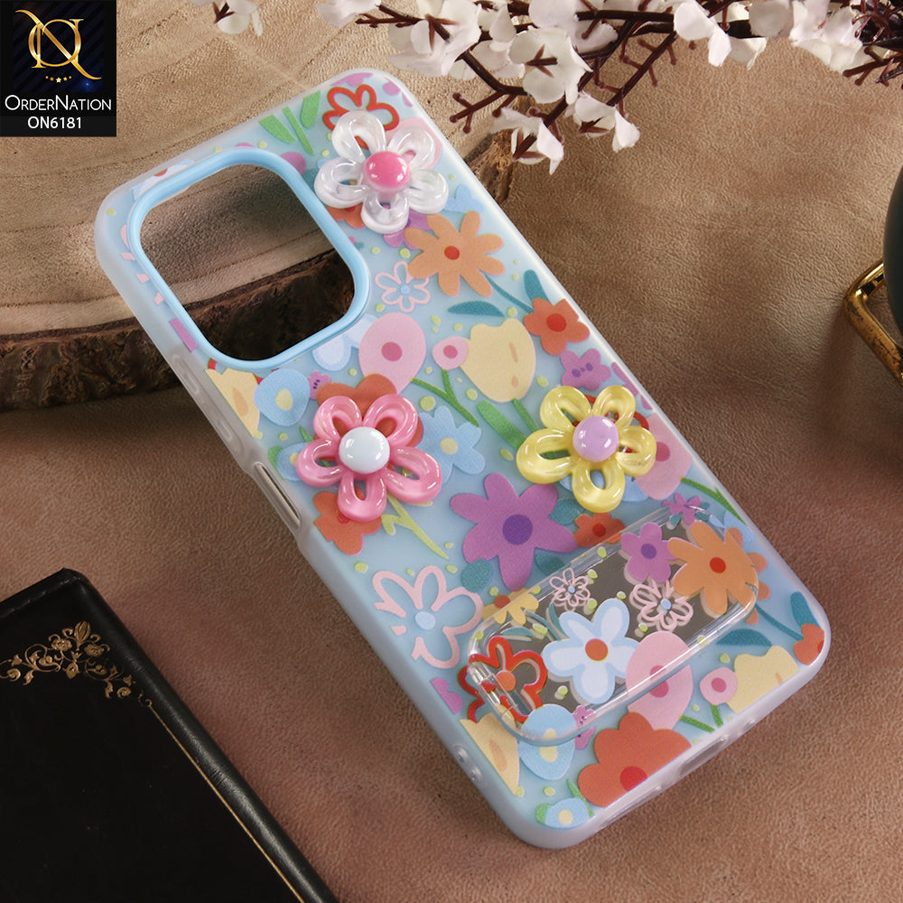 Xiaomi Poco C65 Cover - Blue - 3D Daisy & Blossom Shockproof Case with Mirror