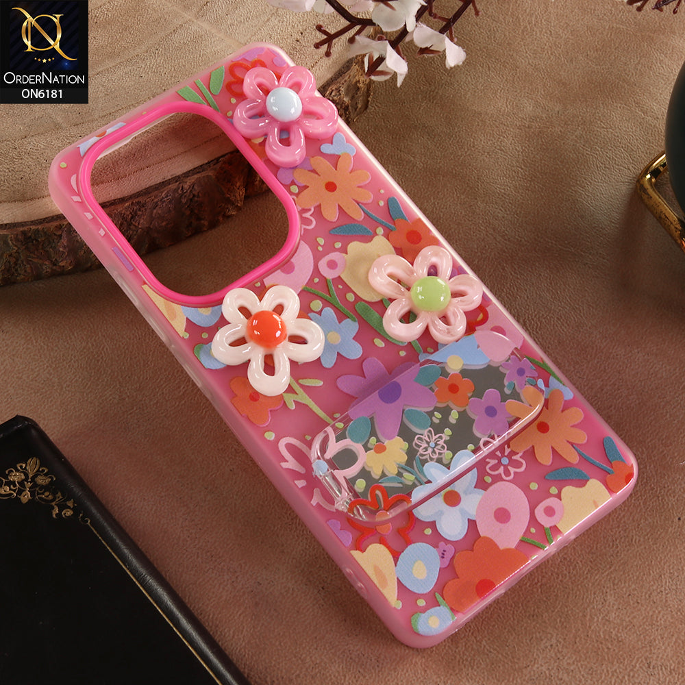 Xiaomi Poco M6 Pro 4G Cover - Pink - 3D Daisy & Blossom Shockproof Case with Mirror