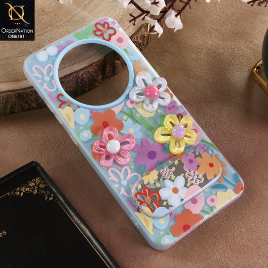 Oppo F27 Cover - Blue - 3D Daisy & Blossom Shockproof Case with Mirror