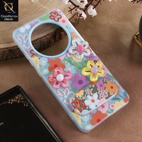 Oppo Reno 12F Cover - Blue - 3D Daisy & Blossom Shockproof Case with Mirror