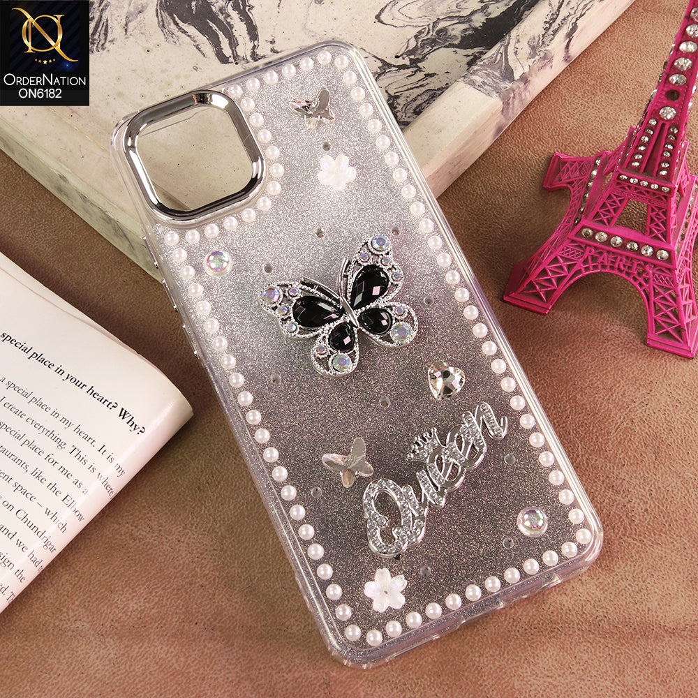 Oppo A16K Cover - Black - Shiny Glitter Pearl Border Phone Case with Premium 3D Rhinestone Crown Style Back Cover