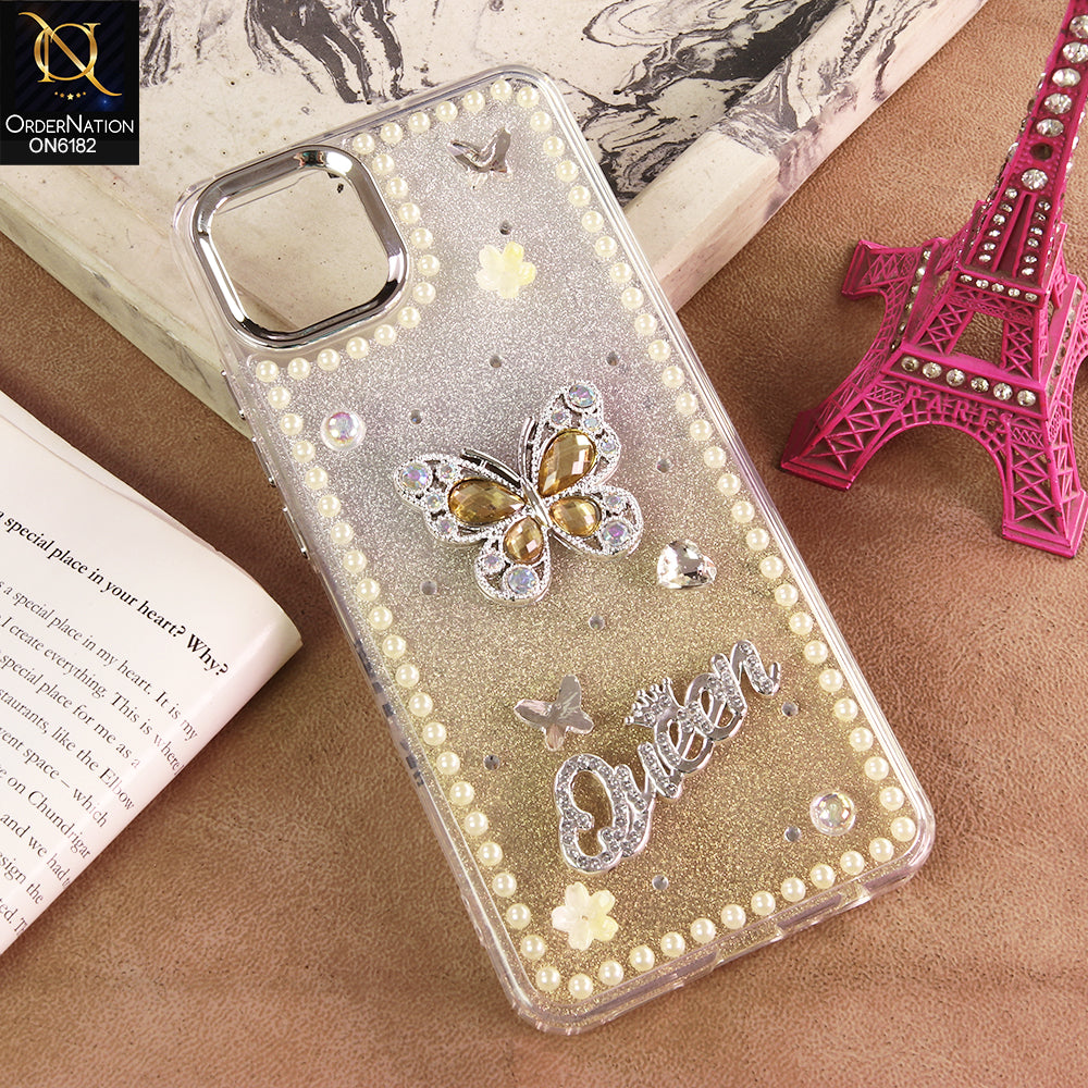 Oppo A16e Cover - Yellow - Shiny Glitter Pearl Border Phone Case with Premium 3D Rhinestone Crown Style Back Cover