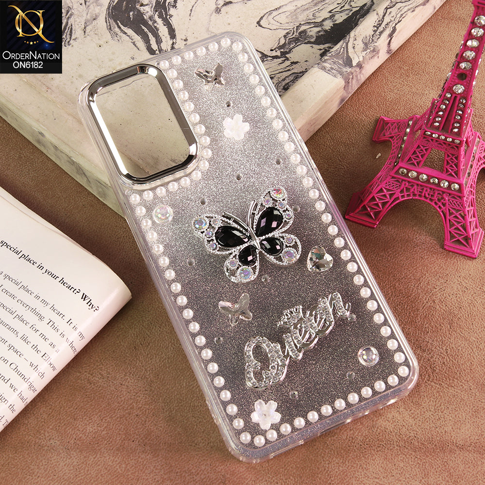 Oppo A55 5G Cover - Black - Shiny Glitter Pearl Border Phone Case with Premium 3D Rhinestone Crown Style Back Cover