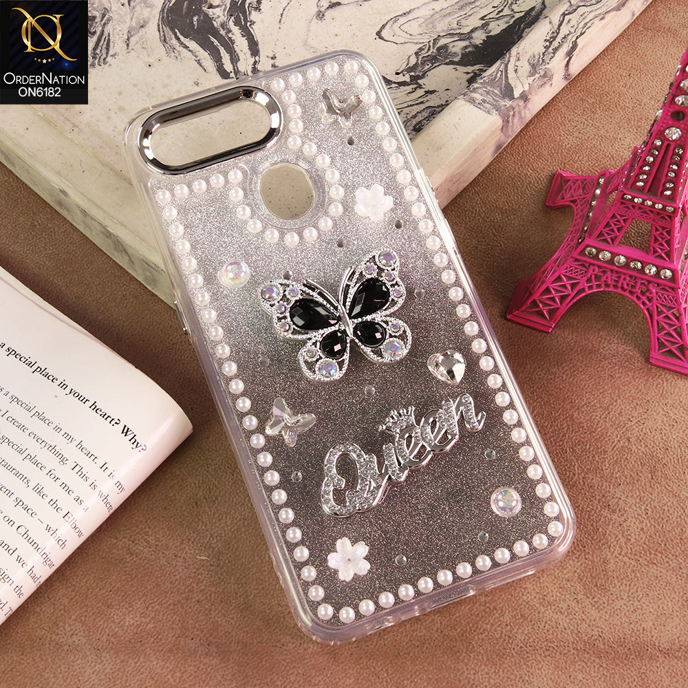 Oppo A12 Cover - Black - Shiny Glitter Pearl Border Phone Case with Premium 3D Rhinestone Crown Style Back Cover