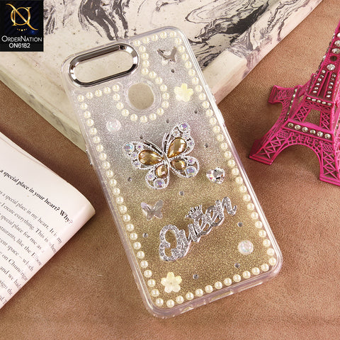 Oppo A12 Cover - Yellow - Shiny Glitter Pearl Border Phone Case with Premium 3D Rhinestone Crown Style Back Cover