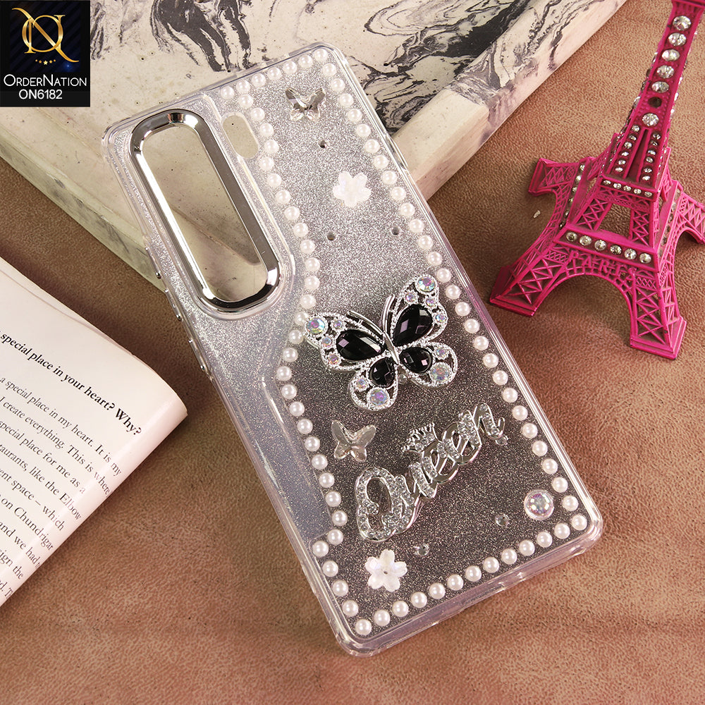 Tecno Camon 40 Pro Cover - Black - Shiny Glitter Pearl Border Phone Case with Premium 3D Rhinestone Crown Style Back Cover