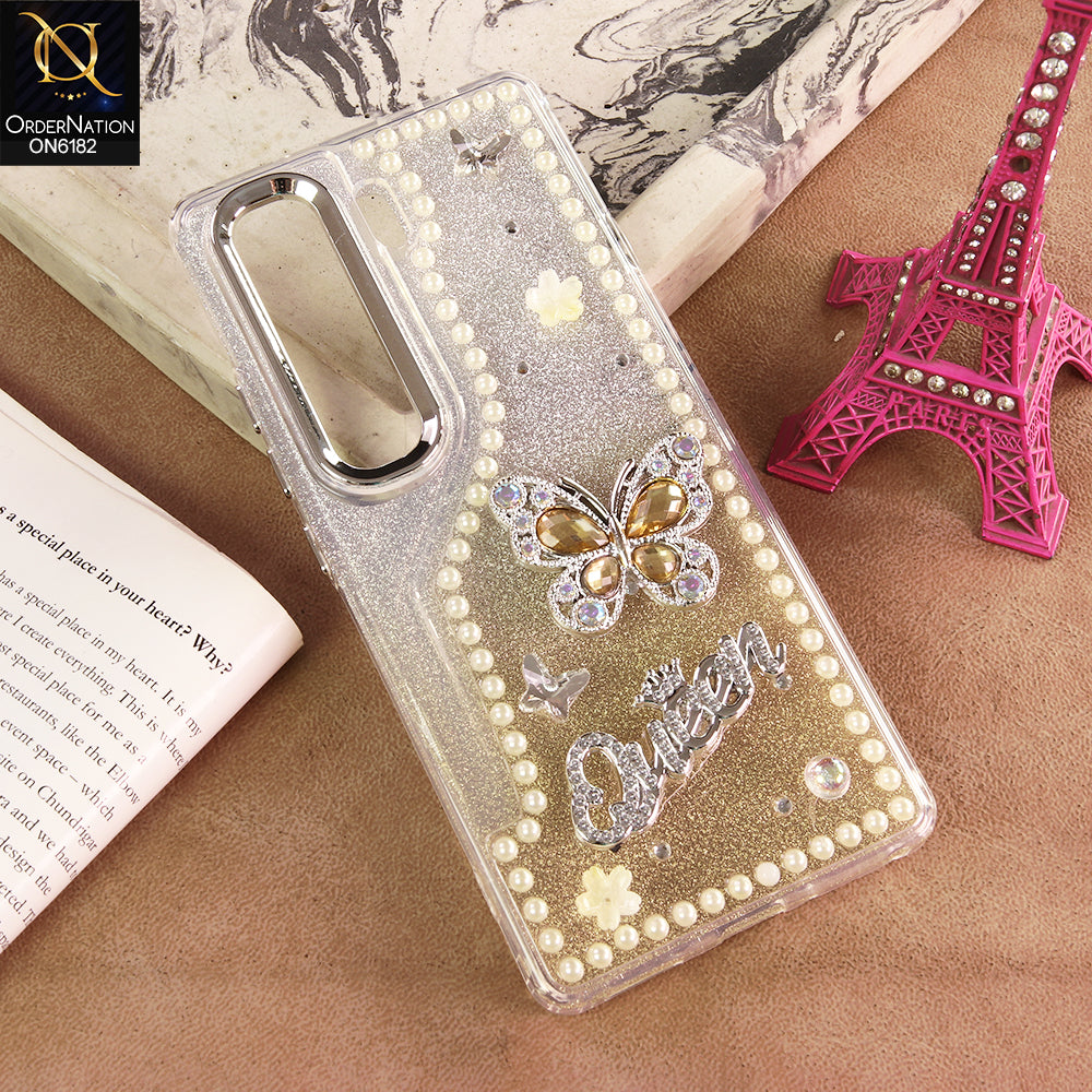 Tecno Camon 40 Pro Cover - Yellow - Shiny Glitter Pearl Border Phone Case with Premium 3D Rhinestone Crown Style Back Cover