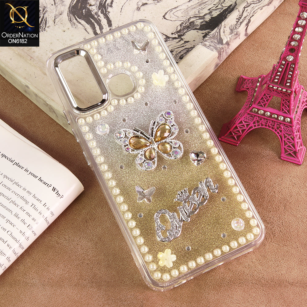 Infinix Hot 10 Cover - Yellow - Shiny Glitter Pearl Border Phone Case with Premium 3D Rhinestone Crown Style Back Cover
