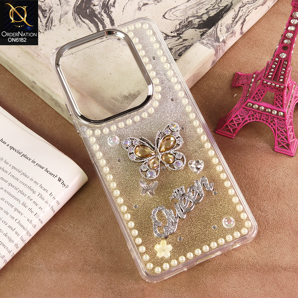 Infinix Hot 40 Pro Cover - Yellow - Shiny Glitter Pearl Border Phone Case with Premium 3D Rhinestone Crown Style Back Cover