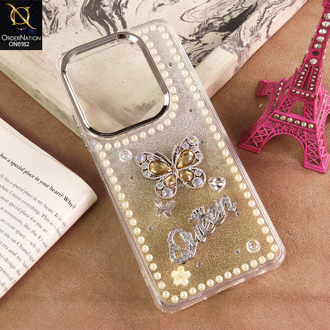 Infinix Hot 40 Pro Cover - Yellow - Shiny Glitter Pearl Border Phone Case with Premium 3D Rhinestone Crown Style Back Cover