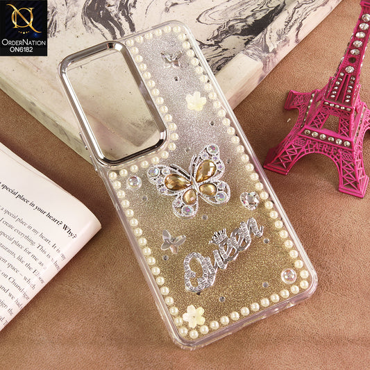 Infinix Hot 60 Pro Cover - Yellow - Shiny Glitter Pearl Border Phone Case with Premium 3D Rhinestone Crown Style Back Cover