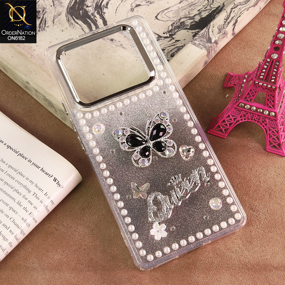 Infinix Note 40 Cover - Black - Shiny Glitter Pearl Border Phone Case with Premium 3D Rhinestone Crown Style Back Cover