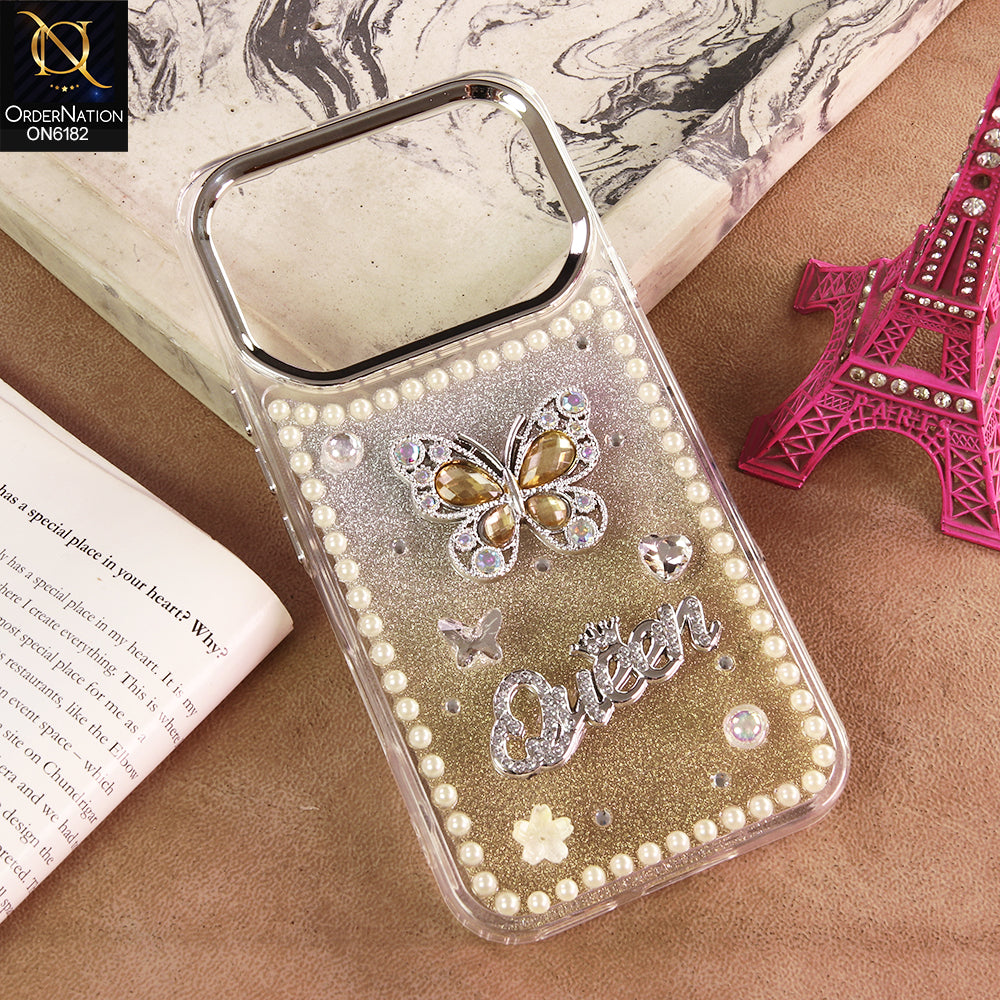 Infinix Note 60 Cover - Yellow - Shiny Glitter Pearl Border Phone Case with Premium 3D Rhinestone Crown Style Back Cover