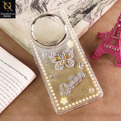 Infinix Zero 40 4G Cover - Yellow - Shiny Glitter Pearl Border Phone Case with Premium 3D Rhinestone Crown Style Back Cover