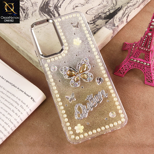 Oppo A18 Cover - Yellow - Shiny Glitter Pearl Border Phone Case with Premium 3D Rhinestone Crown Style Back Cover