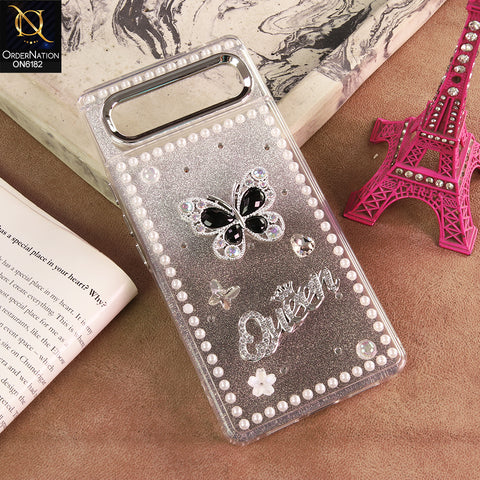 Google Pixel 6 Cover - Black - Shiny Glitter Pearl Border Phone Case with Premium 3D Rhinestone Crown Style Back Cover