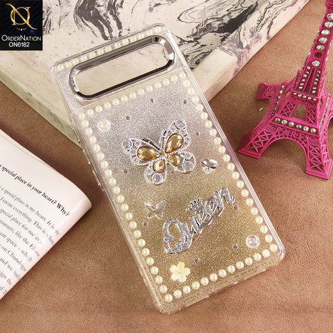 Google Pixel 6 Cover - Yellow - Shiny Glitter Pearl Border Phone Case with Premium 3D Rhinestone Crown Style Back Cover