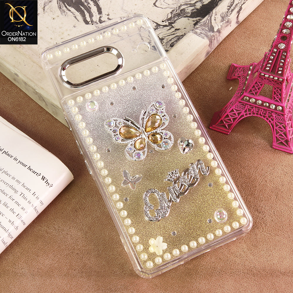 Google Pixel 6a Cover - Yellow - Shiny Glitter Pearl Border Phone Case with Premium 3D Rhinestone Crown Style Back Cover