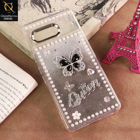 Google Pixel 8 Cover - Black - Shiny Glitter Pearl Border Phone Case with Premium 3D Rhinestone Crown Style Back Cover