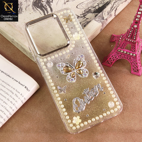Realme C63 Cover - Yellow - Shiny Glitter Pearl Border Phone Case with Premium 3D Rhinestone Crown Style Back Cover