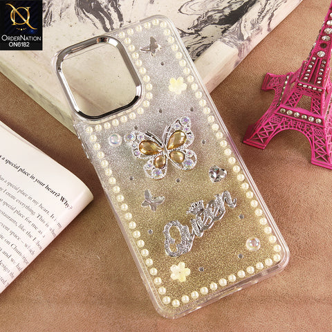 Realme Note 50 Cover - Yellow - Shiny Glitter Pearl Border Phone Case with Premium 3D Rhinestone Crown Style Back Cover