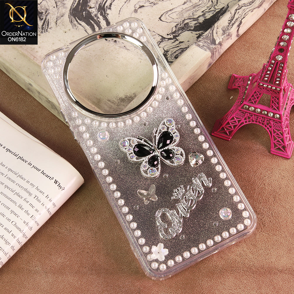 Xiaomi Poco C75 Cover - Black - Shiny Glitter Pearl Border Phone Case with Premium 3D Rhinestone Crown Style Back Cover