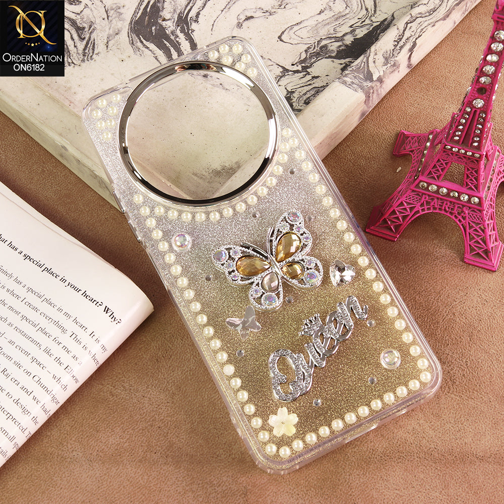 Xiaomi Redmi 14R Cover - Yellow - Shiny Glitter Pearl Border Phone Case with Premium 3D Rhinestone Crown Style Back Cover