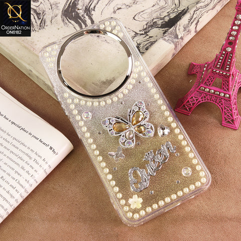 Xiaomi Redmi A3 Cover - Yellow - Shiny Glitter Pearl Border Phone Case with Premium 3D Rhinestone Crown Style Back Cover