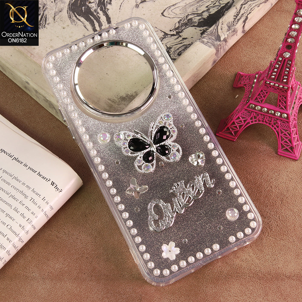 Oppo Reno 12F 4G Cover - Black - Shiny Glitter Pearl Border Phone Case with Premium 3D Rhinestone Crown Style Back Cover