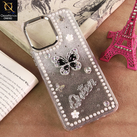 Oppo Reno 15F Cover - Black - Shiny Glitter Pearl Border Phone Case with Premium 3D Rhinestone Crown Style Back Cover