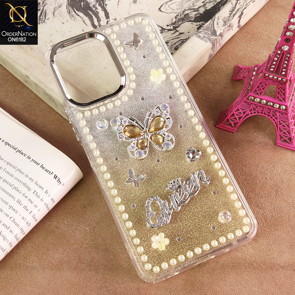 Oppo Reno 15F Cover - Yellow - Shiny Glitter Pearl Border Phone Case with Premium 3D Rhinestone Crown Style Back Cover