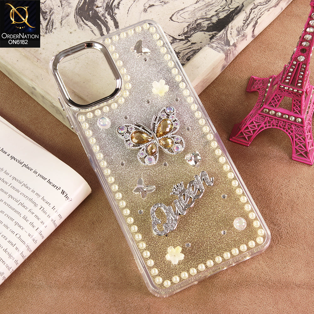 Samsung Galaxy M07 Cover - Yellow - Shiny Glitter Pearl Border Phone Case with Premium 3D Rhinestone Crown Style Back Cover