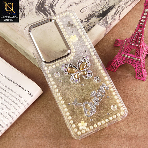 Samsung Galaxy A17 Cover - Yellow - Shiny Glitter Pearl Border Phone Case with Premium 3D Rhinestone Crown Style Back Cover