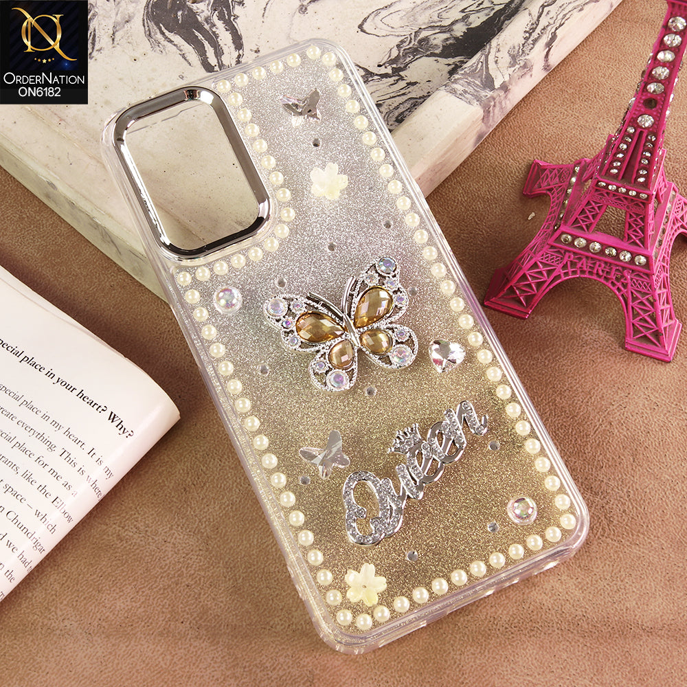 Samsung Galaxy A32 Cover - Yellow - Shiny Glitter Pearl Border Phone Case with Premium 3D Rhinestone Crown Style Back Cover