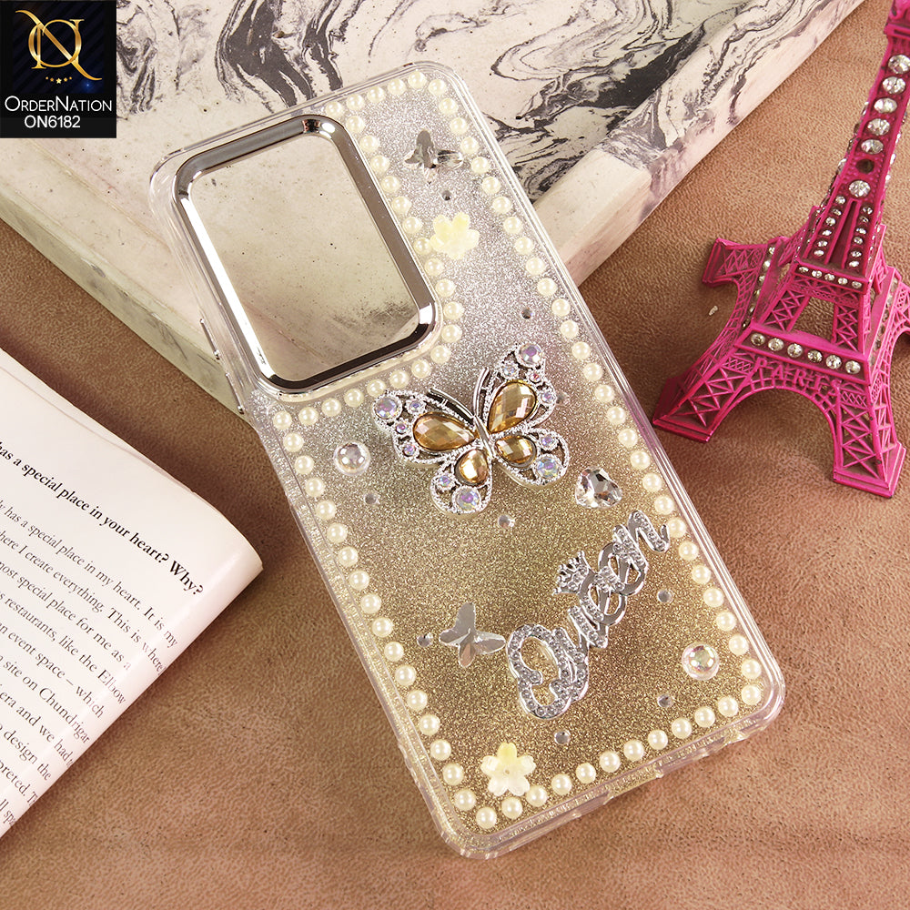 Samsung Galaxy S26 Ultra Cover - Yellow - Shiny Glitter Pearl Border Phone Case with Premium 3D Rhinestone Crown Style Back Cover