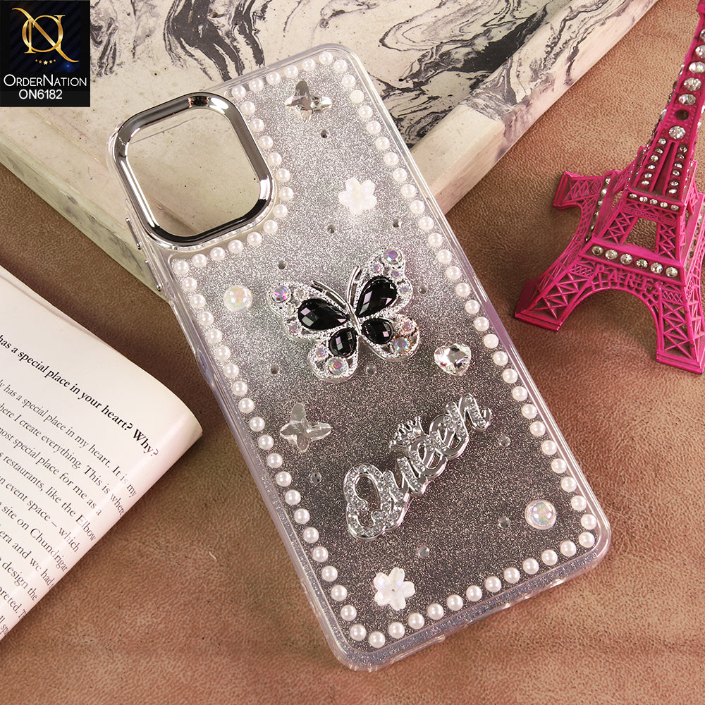 Samsung Galaxy A06 Cover - Black - Shiny Glitter Pearl Border Phone Case with Premium 3D Rhinestone Crown Style Back Cover