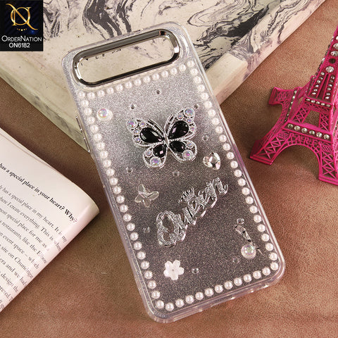 Infinix Smart 10 Plus Cover - Black - Shiny Glitter Pearl Border Phone Case with Premium 3D Rhinestone Crown Style Back Cover