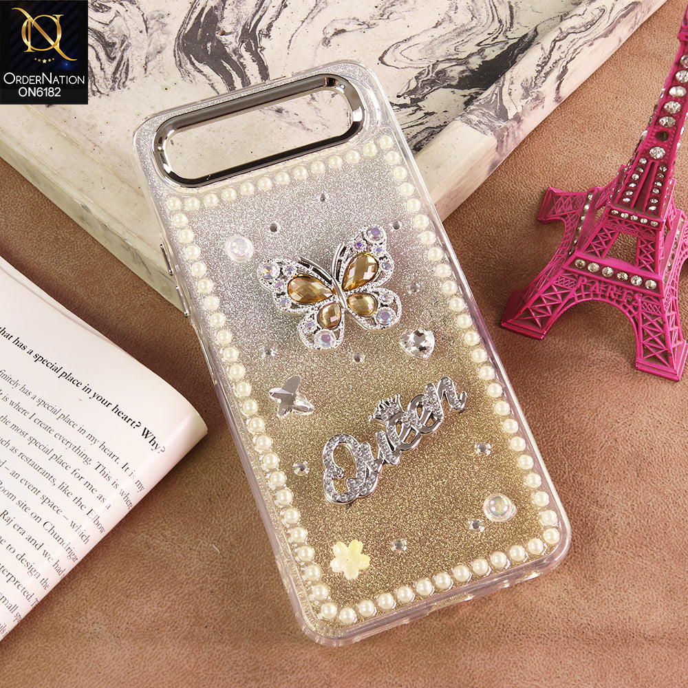 Infinix Smart 10 Plus Cover - Yellow - Shiny Glitter Pearl Border Phone Case with Premium 3D Rhinestone Crown Style Back Cover