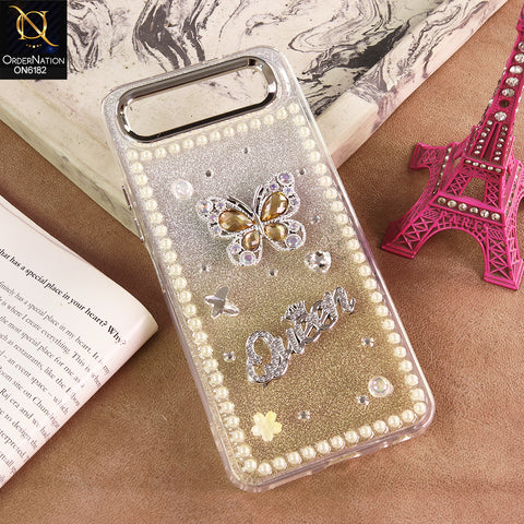 Infinix Smart 10 Plus Cover - Yellow - Shiny Glitter Pearl Border Phone Case with Premium 3D Rhinestone Crown Style Back Cover