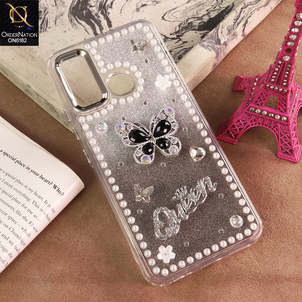 Infinix Smart 5 Cover - Black - Shiny Glitter Pearl Border Phone Case with Premium 3D Rhinestone Crown Style Back Cover