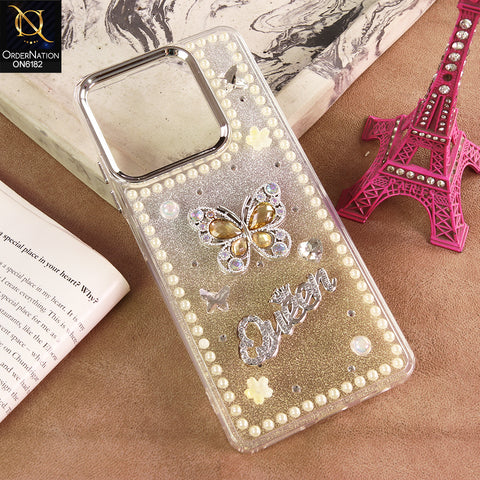 Tecno Spark 10 Pro Cover - Yellow - Shiny Glitter Pearl Border Phone Case with Premium 3D Rhinestone Crown Style Back Cover