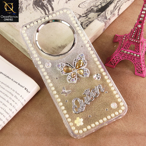 Tecno Spark 30C 4G Cover - Yellow - Shiny Glitter Pearl Border Phone Case with Premium 3D Rhinestone Crown Style Back Cover