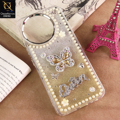 Tecno Spark 30 Pro Cover - Yellow - Shiny Glitter Pearl Border Phone Case with Premium 3D Rhinestone Crown Style Back Cover