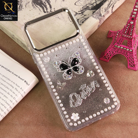 Tecno Spark 40 Cover - Black - Shiny Glitter Pearl Border Phone Case with Premium 3D Rhinestone Crown Style Back Cover