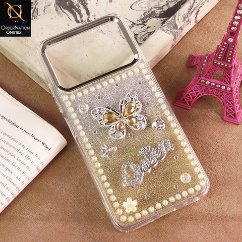 Tecno Spark 40 Cover - Yellow - Shiny Glitter Pearl Border Phone Case with Premium 3D Rhinestone Crown Style Back Cover